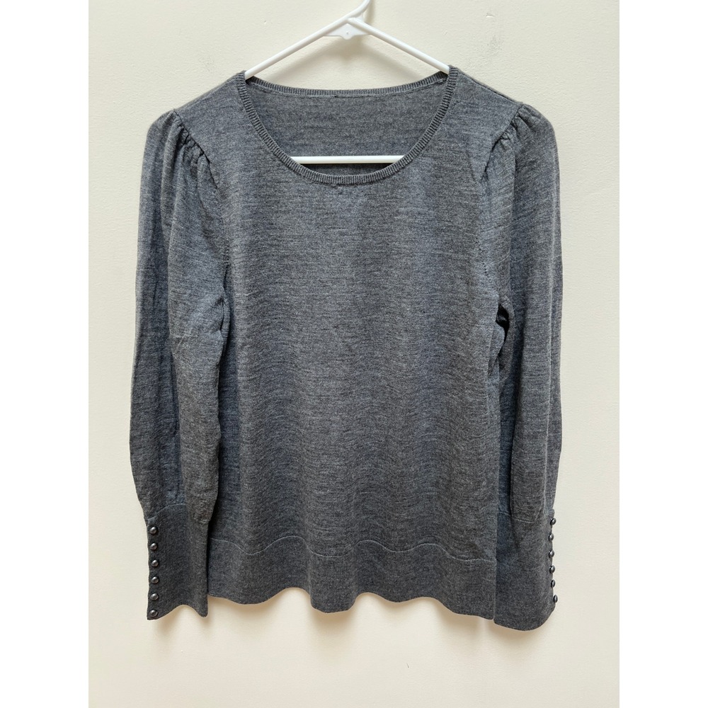 Talbot's Sweater Womens M Gray Merino Wool Puff Sleeve Button Cuff Top Stretchy